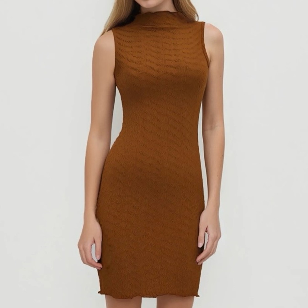 🟤NWT CIDER High Neck Textured Mini Dress in Brown